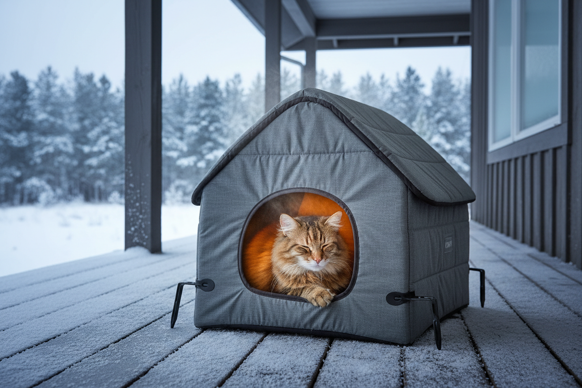 Gray insulated outdoor cat shelter on a covered porch in winter with a tabby cat nestled inside and warm light glowing