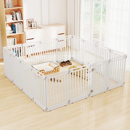 16-Panel HDPE Dog Playpen — 31.5" Tall, 360° Hinged Connectors, Double-Latch Door, Indoor/Outdoor, White or Black
