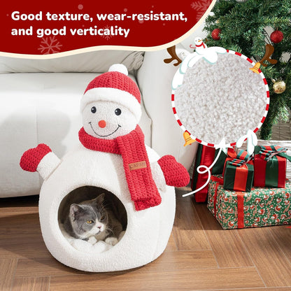 Christmas Snowman Cat Bed — Cozy Cave-Style Holiday Hideaway for Cats & Small Dogs