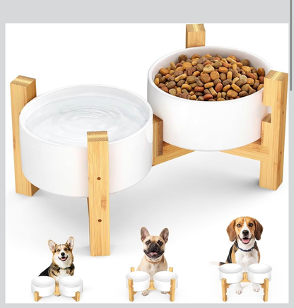 Elevated Ceramic Dog Bowl Set - Two 44oz Bowls, Adjustable Bamboo Stand, 3 Heights, Dishwasher Safe