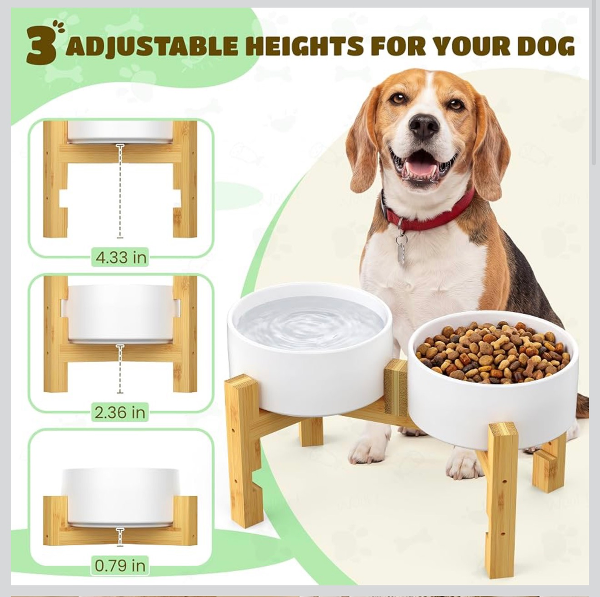 Elevated Ceramic Dog Bowl Set - Two 44oz Bowls, Adjustable Bamboo Stand, 3 Heights, Dishwasher Safe