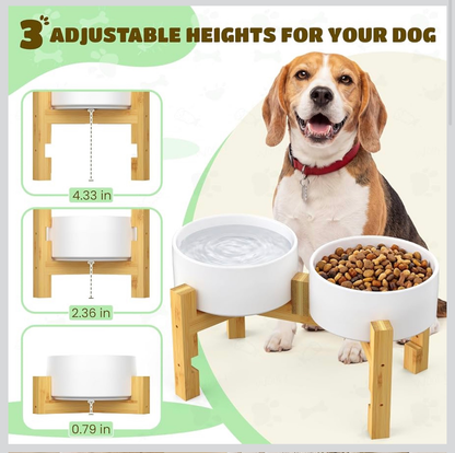 Elevated Ceramic Dog Bowl Set - Two 44oz Bowls, Adjustable Bamboo Stand, 3 Heights, Dishwasher Safe