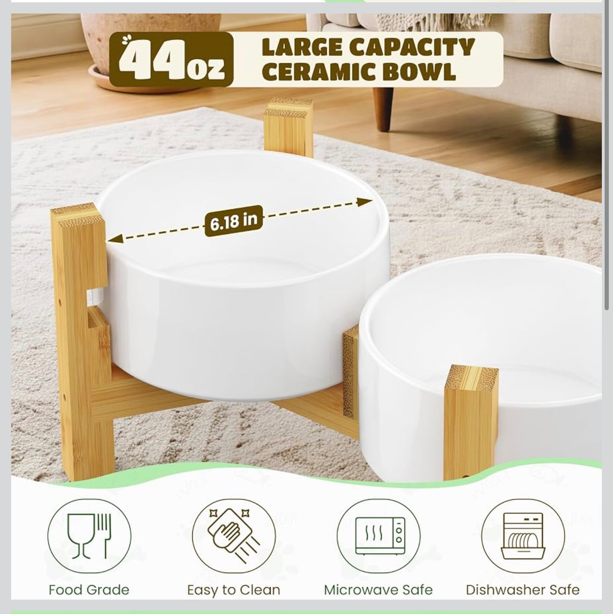 Elevated Ceramic Dog Bowl Set - Two 44oz Bowls, Adjustable Bamboo Stand, 3 Heights, Dishwasher Safe