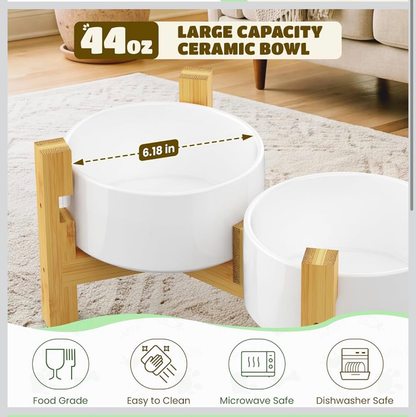 Elevated Ceramic Dog Bowl Set - Two 44oz Bowls, Adjustable Bamboo Stand, 3 Heights, Dishwasher Safe