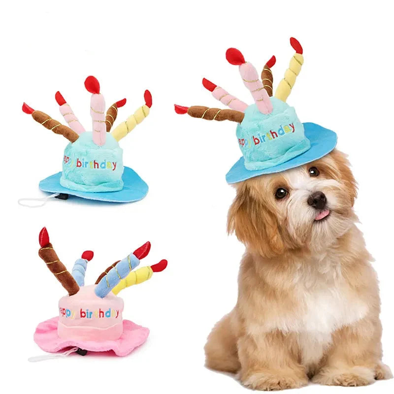 3D Birthday Cake Hat for Dogs & Cats - Plush Candles, Happy Birthday Embroidery, Elastic Chin Strap, Pink or Blue, $10.99