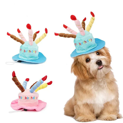 3D Birthday Cake Hat for Dogs & Cats - Plush Candles, Happy Birthday Embroidery, Elastic Chin Strap, Pink or Blue, $10.99