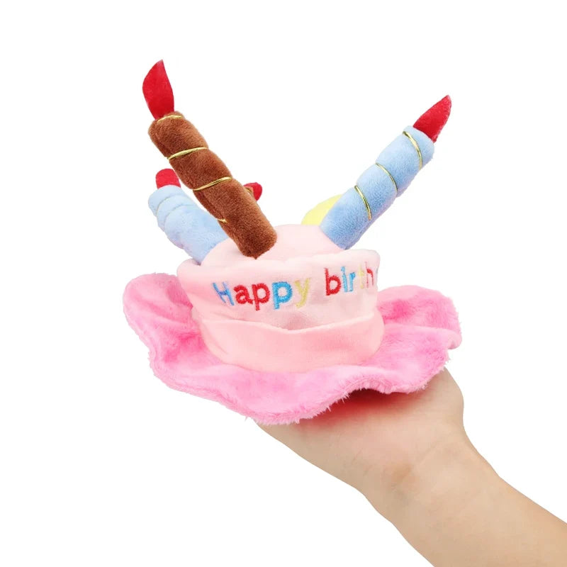 3D Birthday Cake Hat for Dogs & Cats - Plush Candles, Happy Birthday Embroidery, Elastic Chin Strap, Pink or Blue, $10.99
