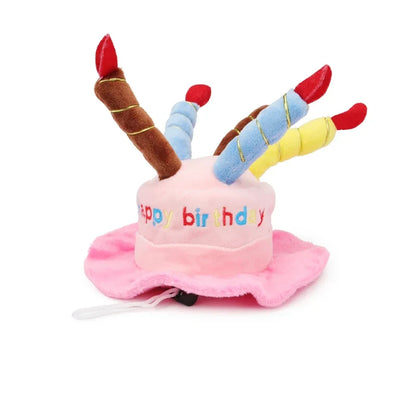 3D Birthday Cake Hat for Dogs & Cats - Plush Candles, Happy Birthday Embroidery, Elastic Chin Strap, Pink or Blue, $10.99