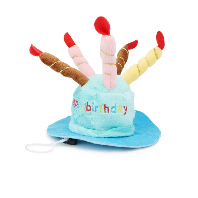 3D Birthday Cake Hat for Dogs & Cats - Plush Candles, Happy Birthday Embroidery, Elastic Chin Strap, Pink or Blue, $10.99