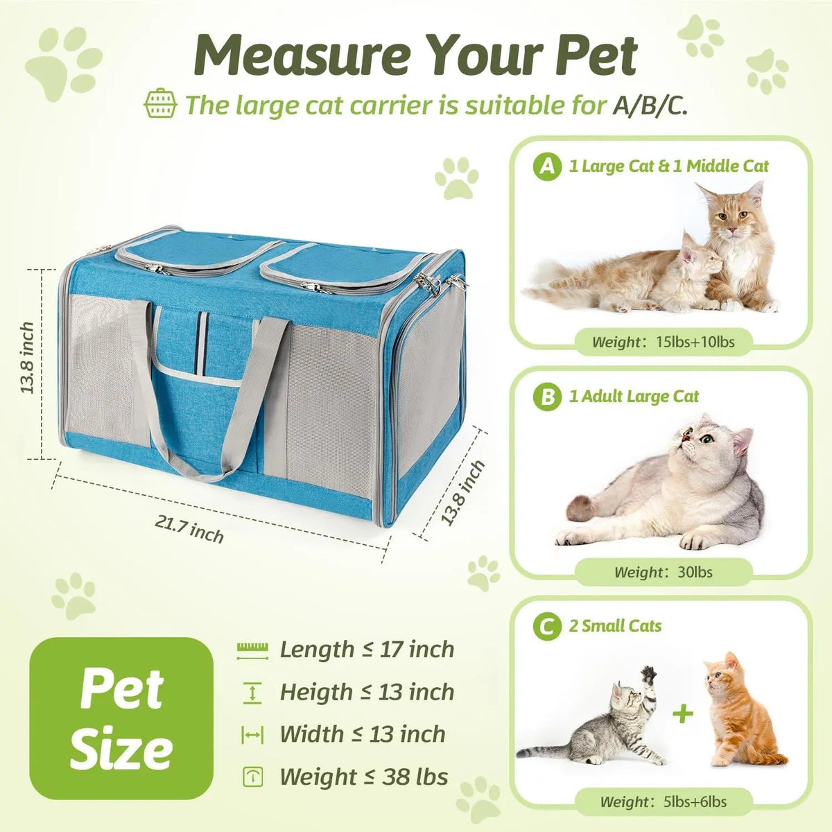 Large Dual Cat Carrier 38lb Capacity Soft Sided Pet Travel Bag w/ Divider & Mesh