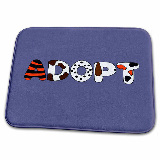 "ADOPT" Rescue Pet Dish Drying Mat — Animal Print Letter Design on Periwinkle, 23"×18"
