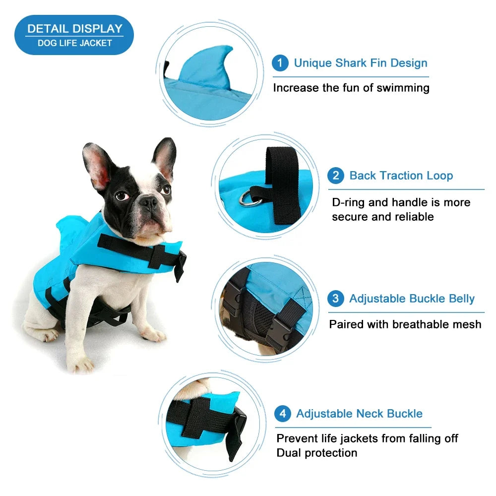 Shark Fin Dog Life Jacket - Buoyancy Vest with Rescue Handle, Adjustable Buckles, Mesh Underbelly, XS–XXL, Green Orange Blue