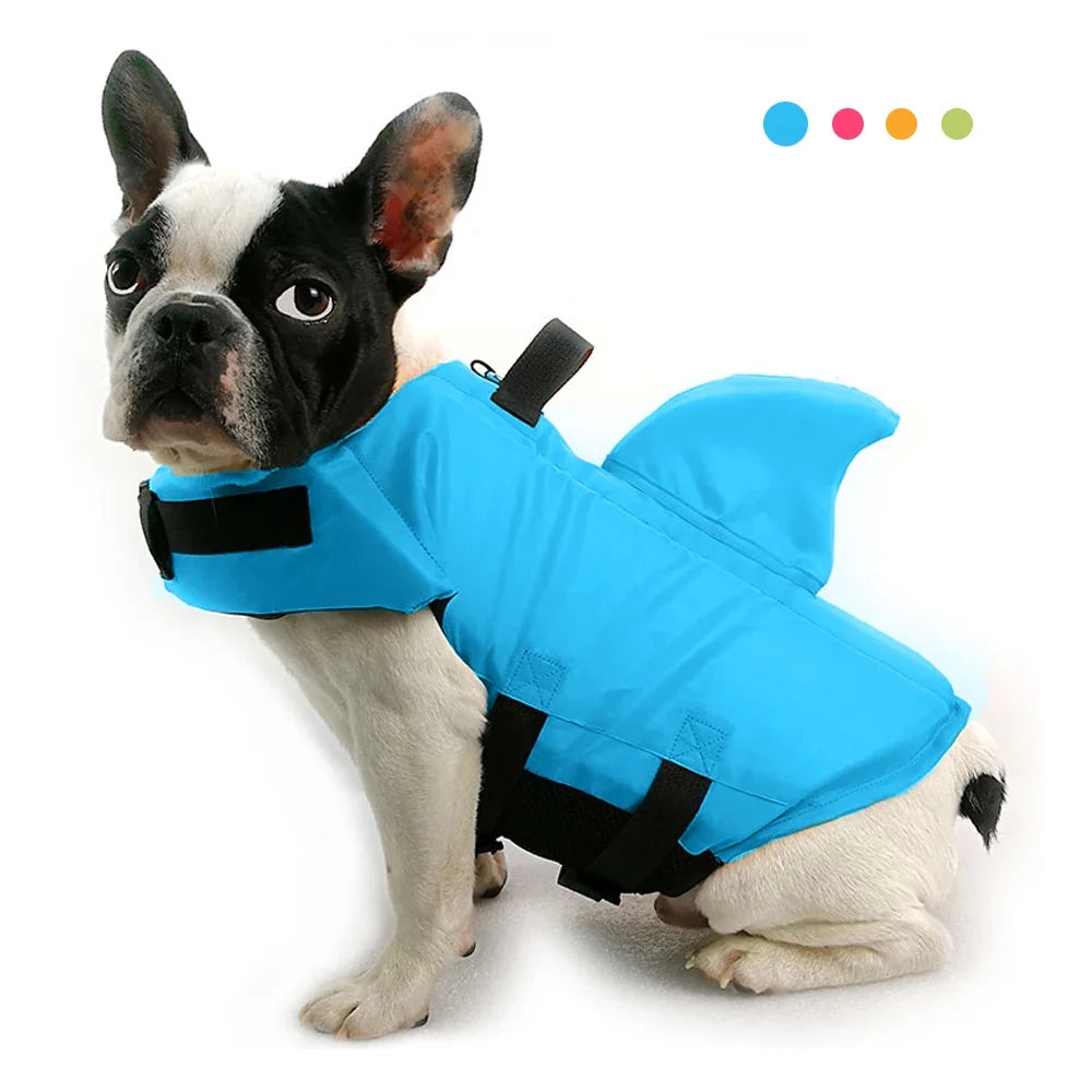 Shark Fin Dog Life Jacket - Buoyancy Vest with Rescue Handle, Adjustable Buckles, Mesh Underbelly, XS–XXL, Green Orange Blue