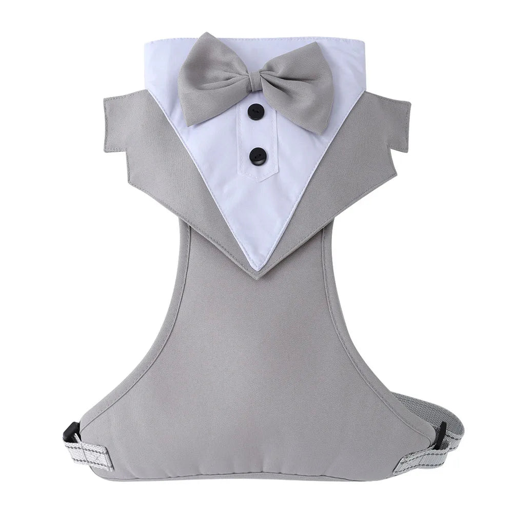 SnugglePet Tuxedo Harness with Bow Tie - 2-in-1 Vest Harness, Reflective Stitching, Back D-Ring, S–XL, Black or Gray