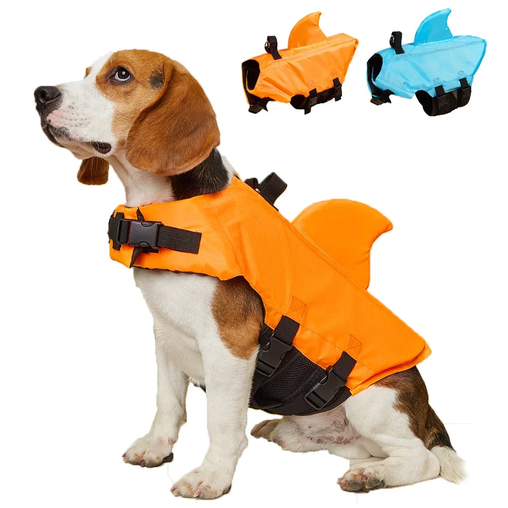 Shark Fin Dog Life Jacket - Buoyancy Vest with Rescue Handle, Adjustable Buckles, Mesh Underbelly, XS–XXL, Green Orange Blue