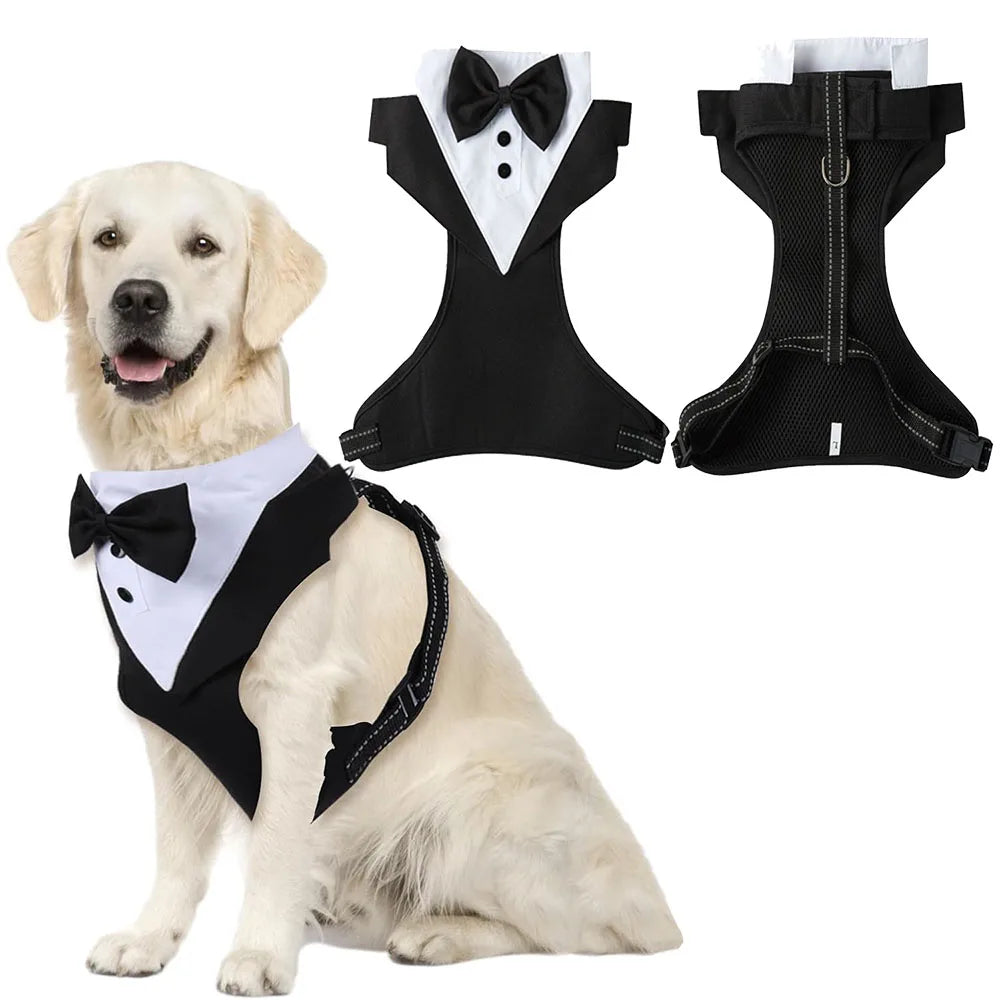 SnugglePet Tuxedo Harness with Bow Tie - 2-in-1 Vest Harness, Reflective Stitching, Back D-Ring, S–XL, Black or Gray