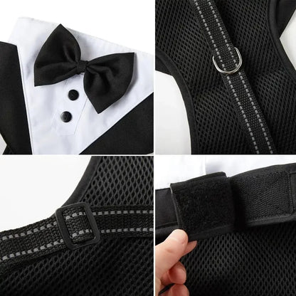 SnugglePet Tuxedo Harness with Bow Tie - 2-in-1 Vest Harness, Reflective Stitching, Back D-Ring, S–XL, Black or Gray