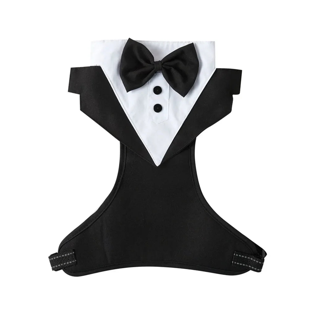 SnugglePet Tuxedo Harness with Bow Tie - 2-in-1 Vest Harness, Reflective Stitching, Back D-Ring, S–XL, Black or Gray