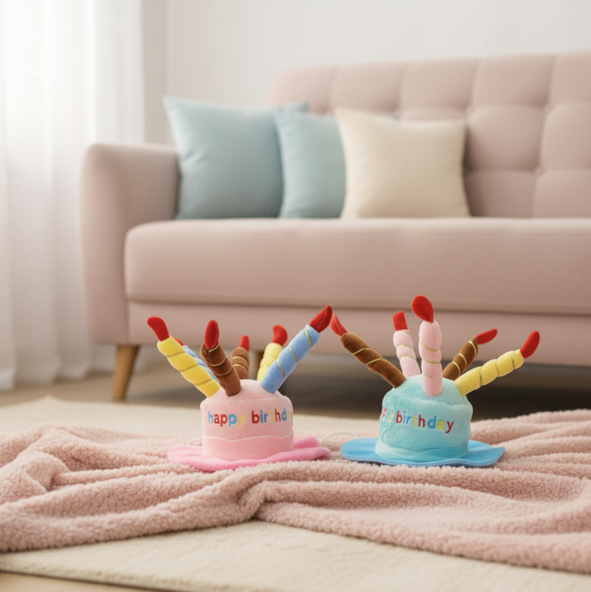 3D Birthday Cake Hat for Dogs & Cats - Plush Candles, Happy Birthday Embroidery, Elastic Chin Strap, Pink or Blue, $10.99