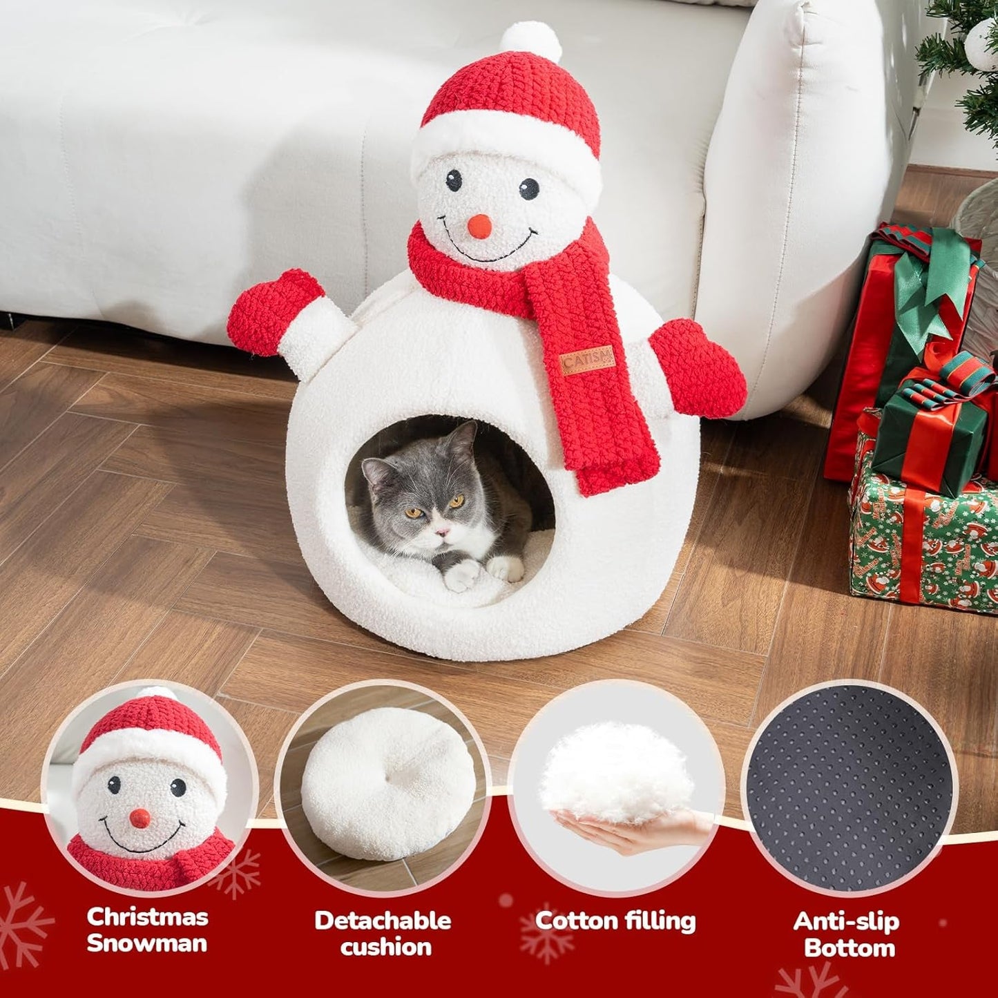 Christmas Snowman Cat Bed — Cozy Cave-Style Holiday Hideaway for Cats & Small Dogs