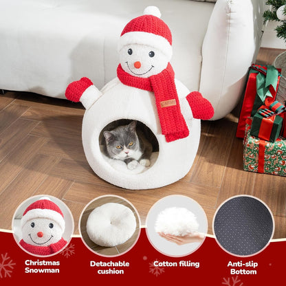 Christmas Snowman Cat Bed — Cozy Cave-Style Holiday Hideaway for Cats & Small Dogs