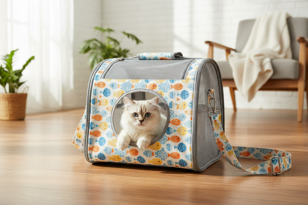 Soft-sided pet carrier with fish print pattern open on a floor with a small cat peeking out through the mesh
