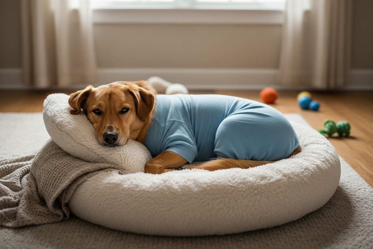 Female dog wearing a soft blue recovery suit resting comfortably on a dog bed after spay surgery