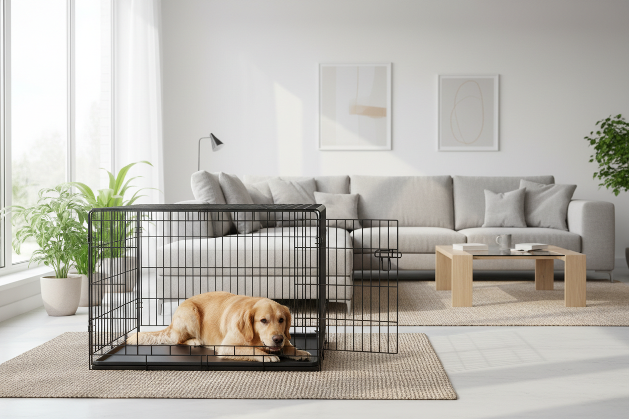 Collapsible metal dog crate with nano-coated finish in a modern living room with a golden retriever relaxing inside