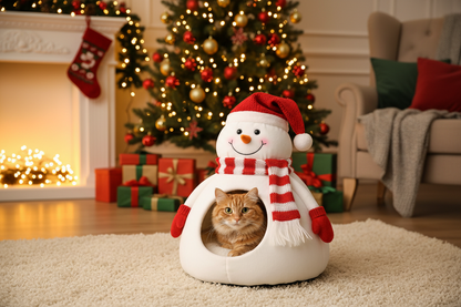 Christmas snowman cat cave bed with red hat and scarf in a festive living room with a fluffy cat peeking out inside
